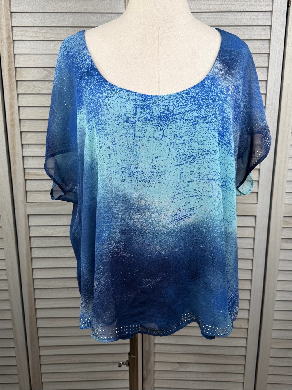 LIVE AND LET LIVE Coastal Boho Layered Blouse Blue w Rhinestone Trim-1X